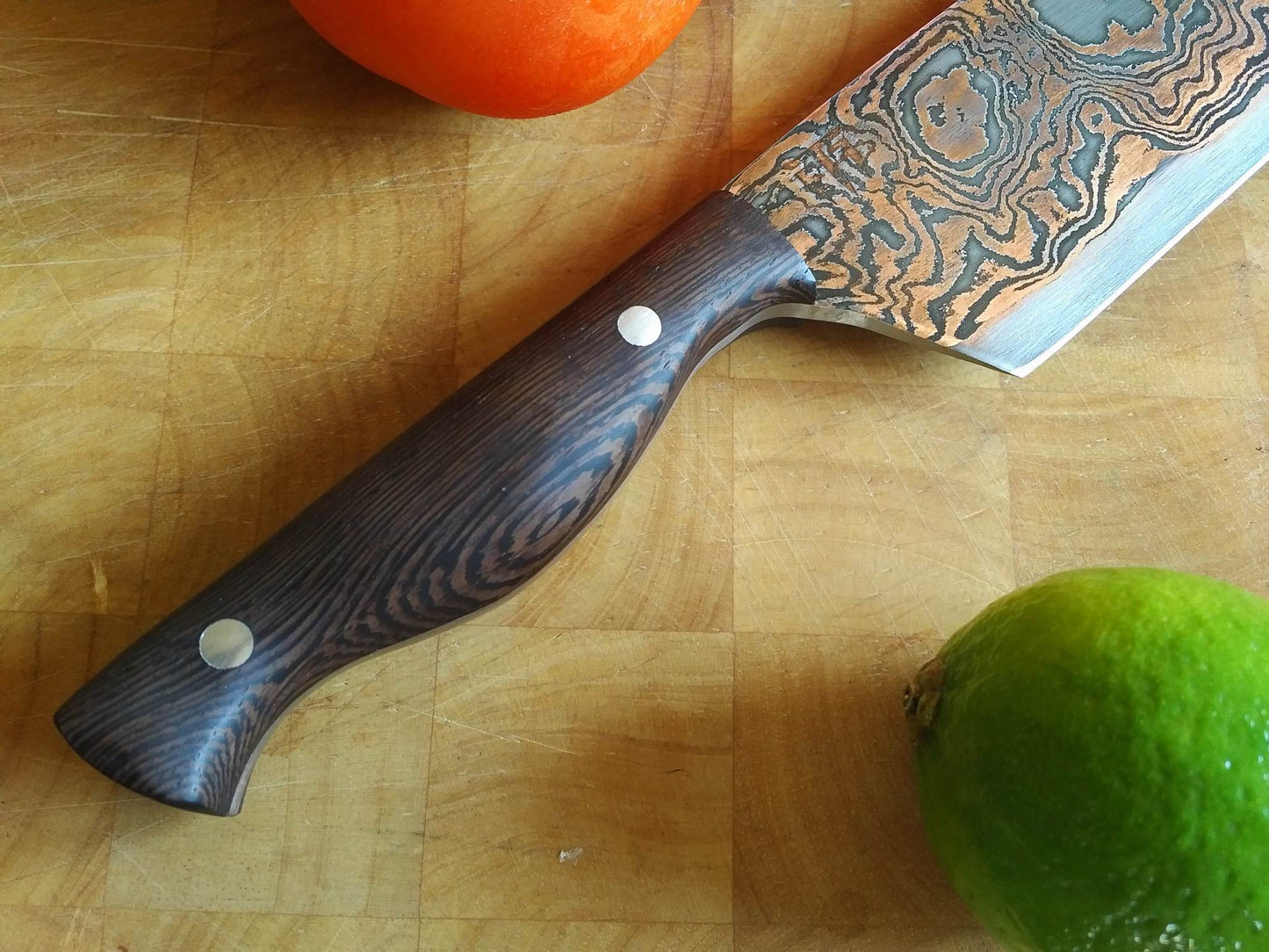 SOLD - Custom Cleaver with Copper etched San Mai Damascus Steel Blade