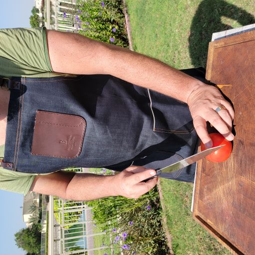 Denim Apron (dark brown leather pocket)