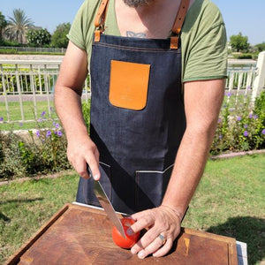 Denim Apron (light brown leather pocket)
