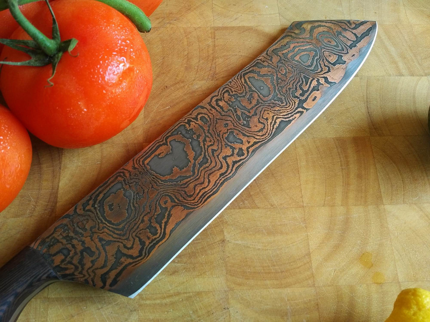 SOLD - Custom Cleaver with Copper etched San Mai Damascus Steel Blade