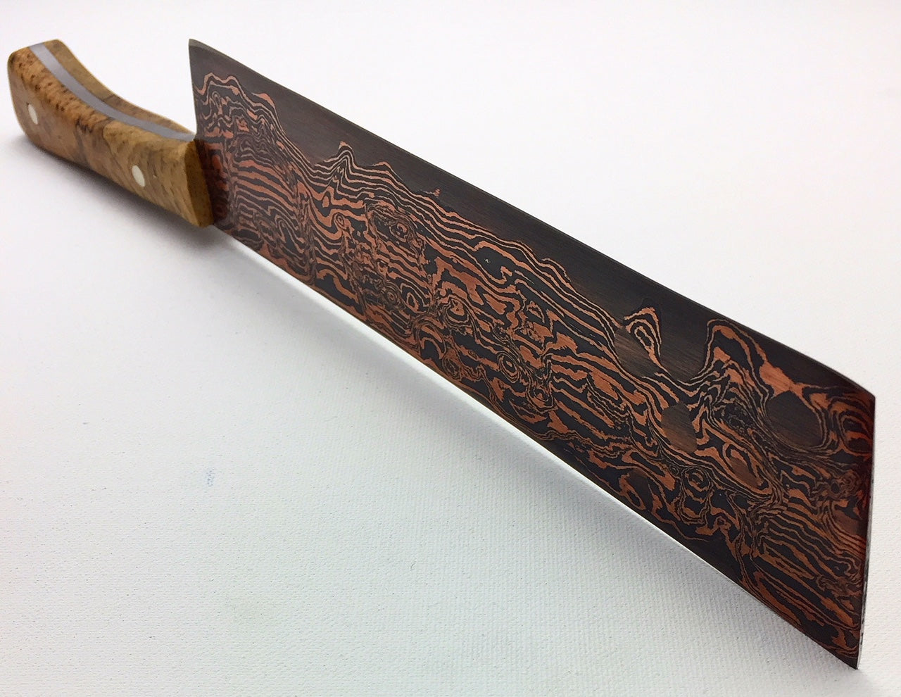 SOLD - Custom Nakiri with Copper etched San Mai Damascus Steel Blade