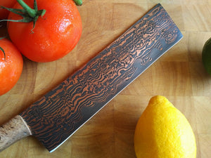SOLD - Custom Nakiri with Copper etched San Mai Damascus Steel Blade