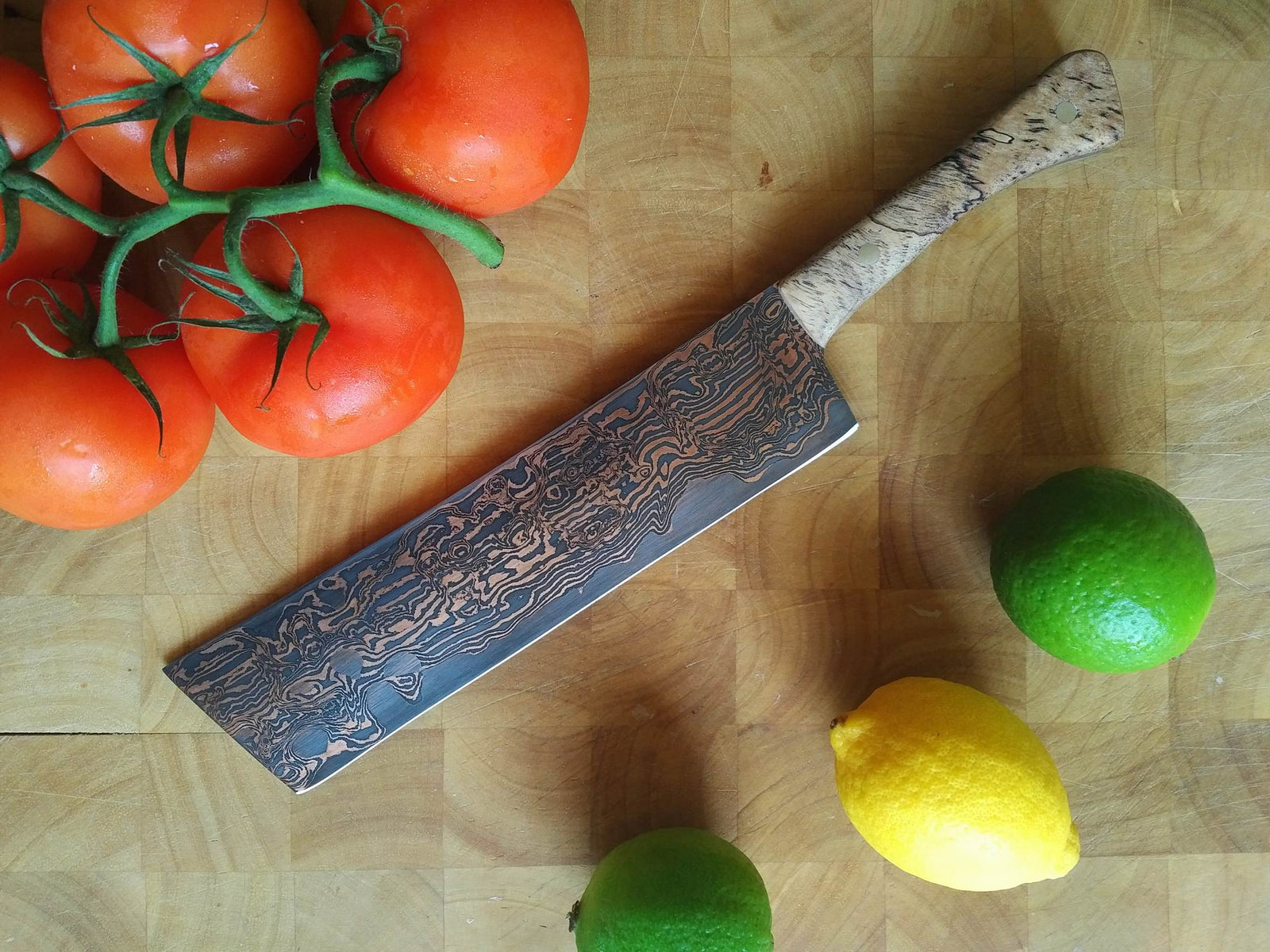 SOLD - Custom Nakiri with Copper etched San Mai Damascus Steel Blade