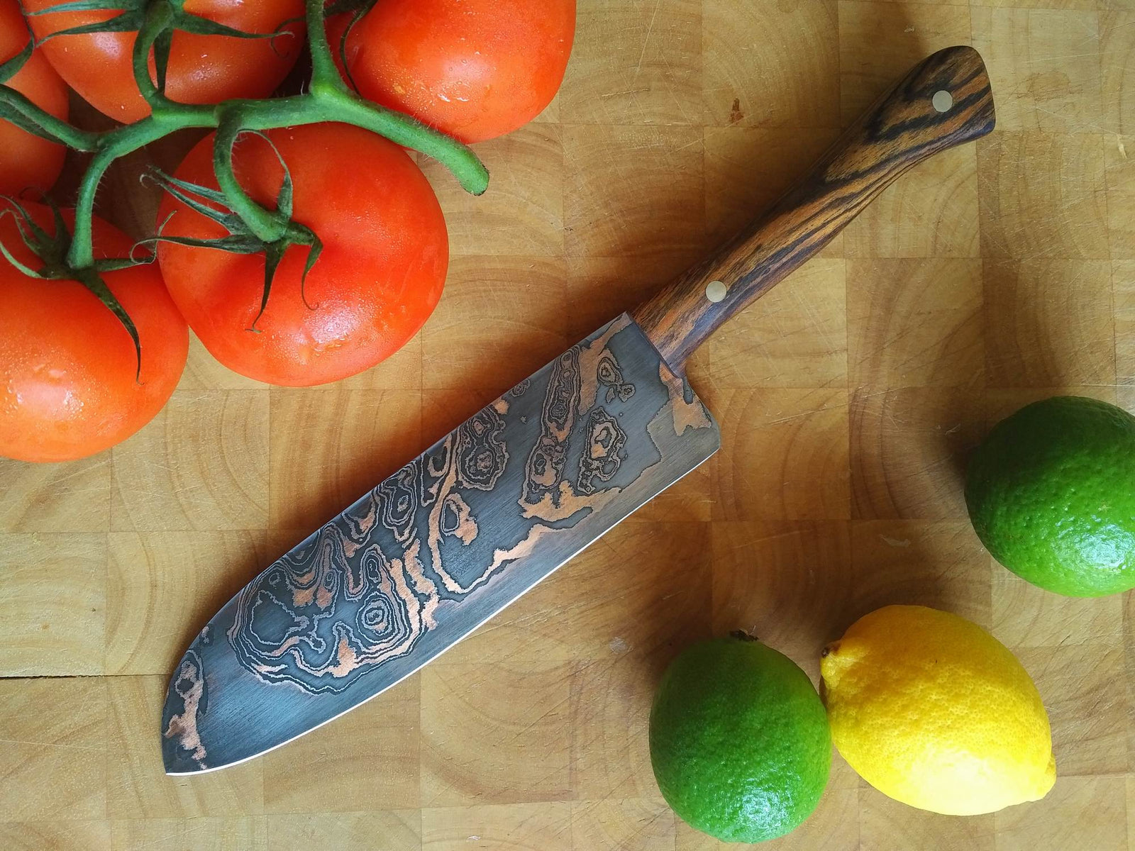 SOLD - Custom Santoku with Copper etched San Mai Damascus Steel Blade