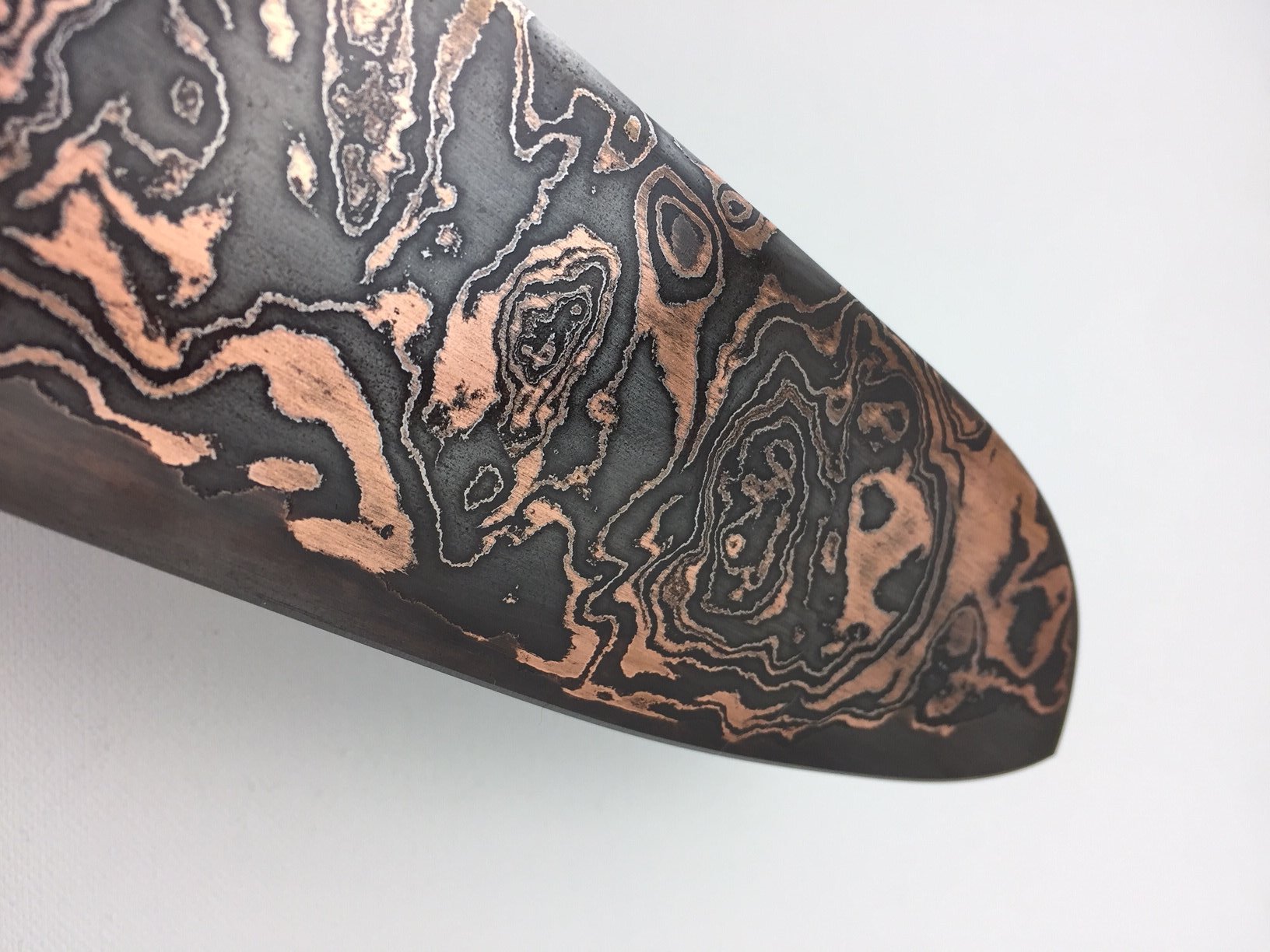 SOLD - Custom Santoku with Copper etched San Mai Damascus Steel Blade
