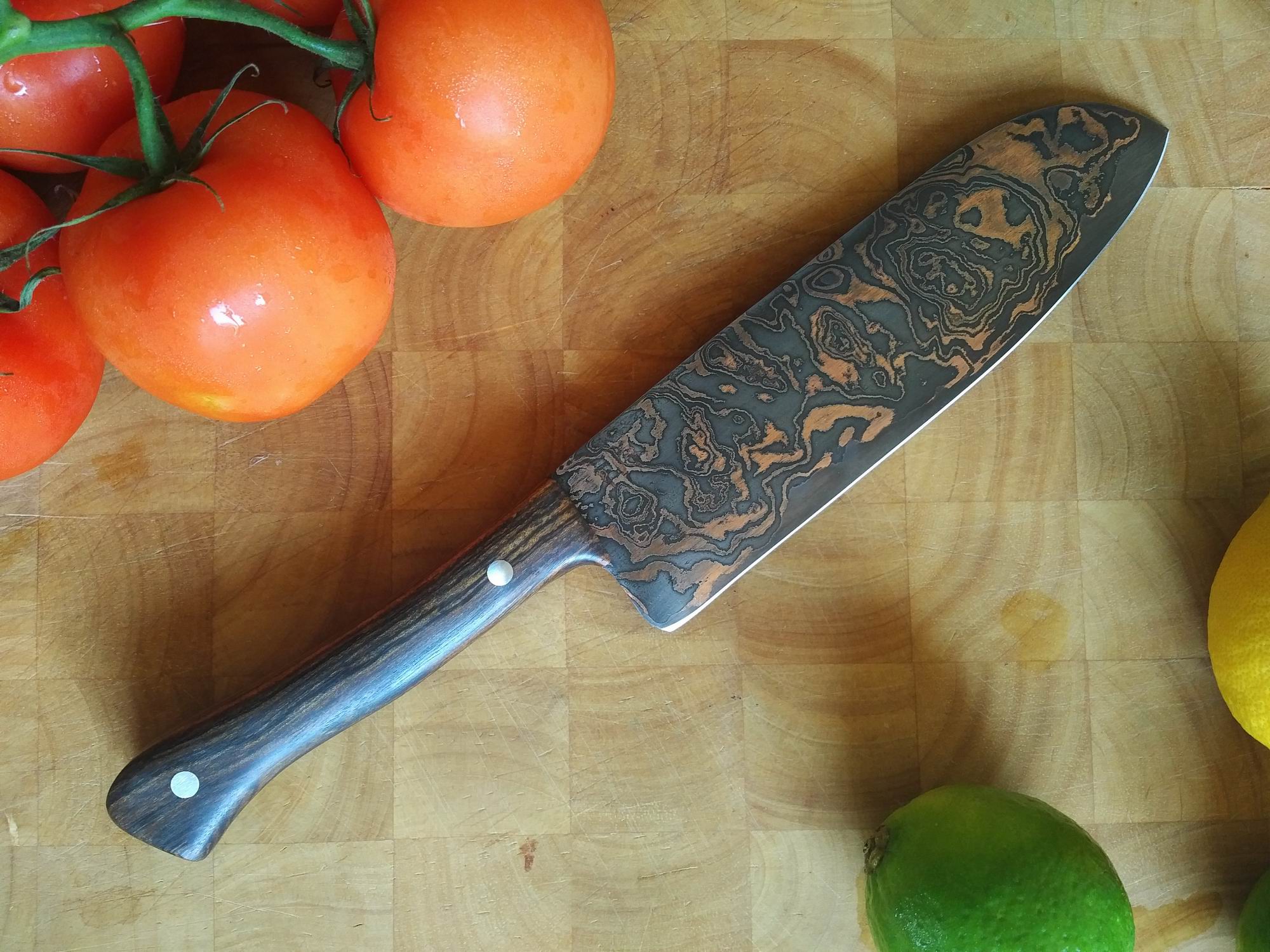 SOLD - Custom Santoku with Copper etched San Mai Damascus Steel Blade