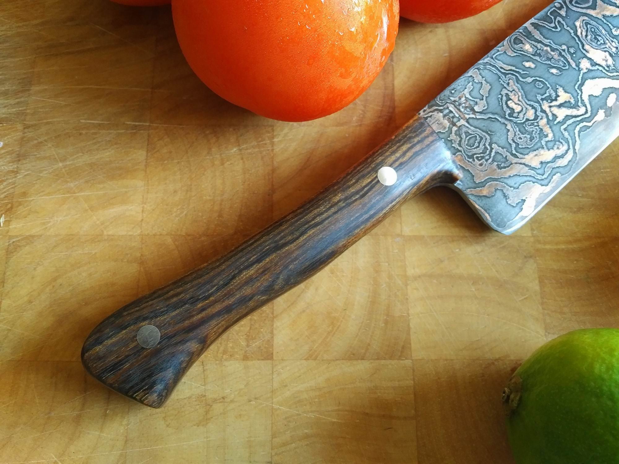 SOLD - Custom Santoku with Copper etched San Mai Damascus Steel Blade